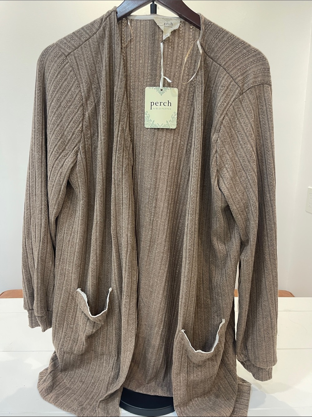 Perch Everyday Ribbed Open-Front Cardigan in Taupe